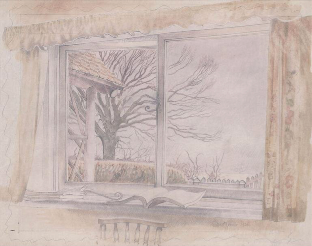 From a Window at Tree Cottage alt. title: Winter Landscape seen through a Casement