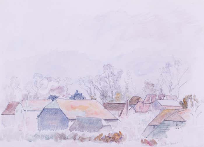 Upper Basildon, Berkshire. On the reverse, a pencil sketch of a man sawing logs in a workroom.