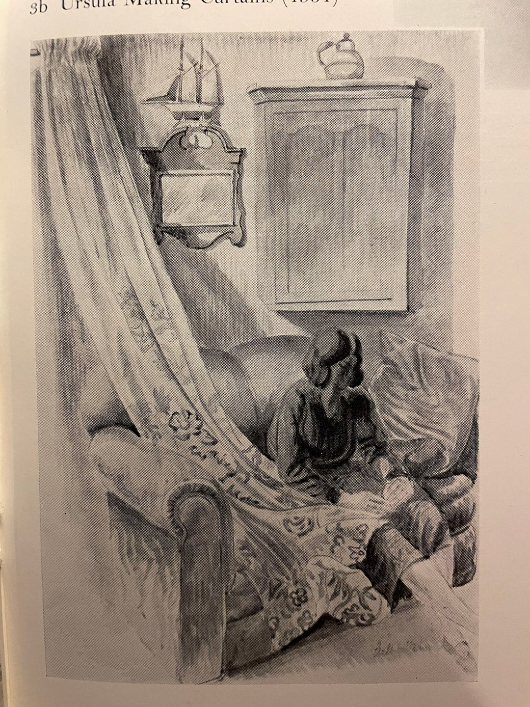 Ursula mending curtains